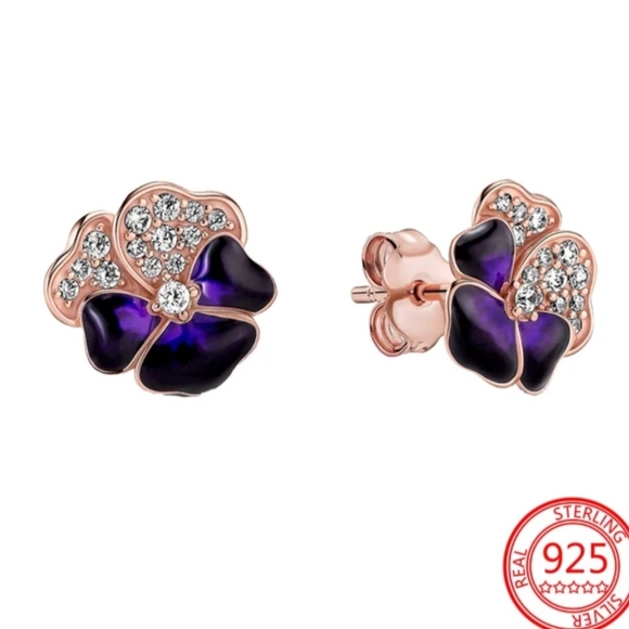 🎆18K Rose Gold Purple Flower with Rhinestones Earrings - Picture 1 of 7
